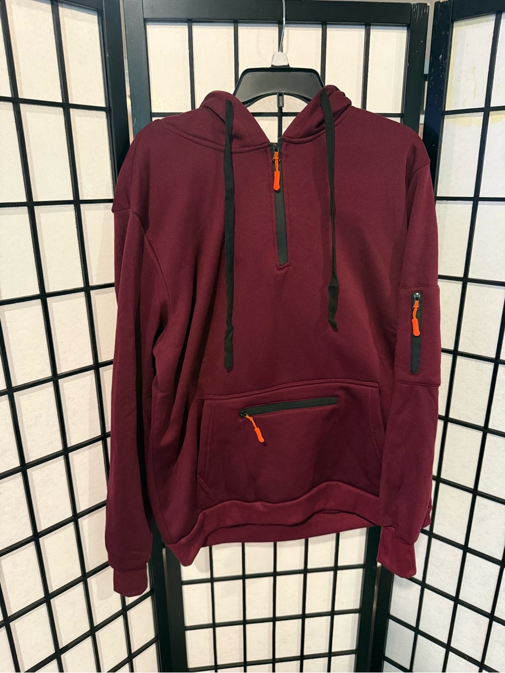 Men's Maroon Half-Zip Hooded Pullover with Zipper Accents